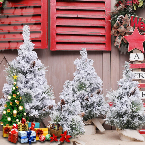 24 inch snow flocked mini Christmas tree with pine cones 1