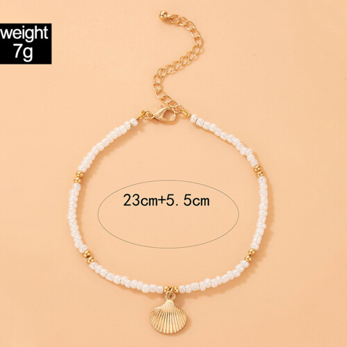 Tornozeleira boho feminina com pingente de pérola e concha. 2