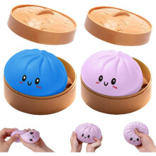 Dumpling Squishy Sensory Toys Set of 2, Stress Relief Slow Rising BPA-Free Rubber, Steamer Basket Box Multicolor