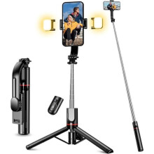 Selfie tyč 116 cm s vylepšeným stativem, 2 pomocnými světly, stativem na telefon s odnímatelným dálkovým ovládáním, černá