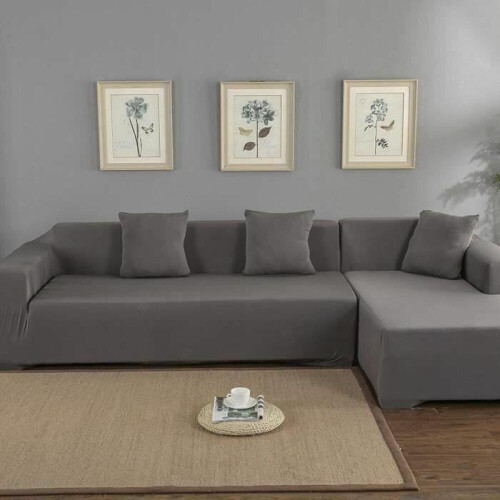 Housse de canapé extensible grise pour canapé d'angle 3+2 places - polyester, lavable