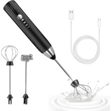 Mousseur à Lait Électrique,Mousseur de Lait Rechargeable USB et Mini Fouet Electrique, Mélangeur Acier Inoxydable(Noir)
