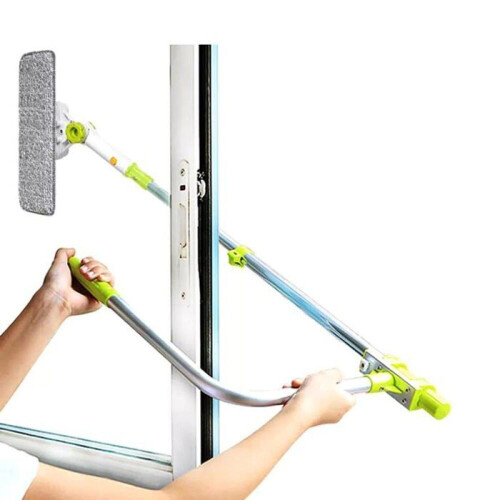 Window cleaner with telescopic handle, extendable at a smart angle, and double-sided exterior window squeegee