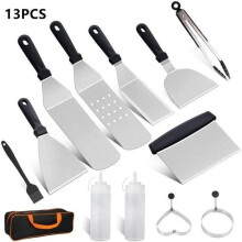 Spatule de Barbecue Ustensiles Set 13Pcs en Acier Inox Ensemble d\'accessoires pour Plaque de Cuisson Professionnelle Teppanyaki