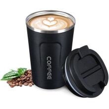 Cană de cafea izolată, cană de cafea de călătorie, cană auto cu pereți dubli etanșă de 380 ml, neagră