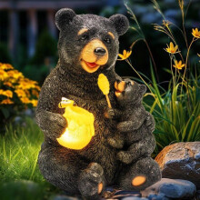 Statues de jardin d'extérieur - Décoration de jardin - Éclairage solaire de jardin - Statues d'animaux - L'ours et le pot de CAMIO
