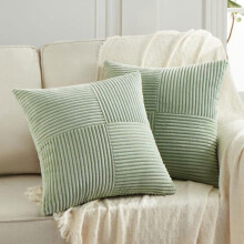 Housse de Coussin - LARGEIGHT - 45x45 cm - Velours Côtelé - Vert Sauge - Motif Rayé