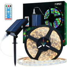 Ruban LED Solaire Extérieur, 5m 280 LEDs Bande LED IP67 Étanche, Lumières LED Blanc Chaud avec Télécommande, 8 Modes