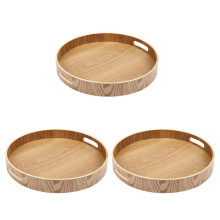3X Round Serving Bamboo Wooden Tray for Dinner Trays Tea Bar Breakfast Food Container Handle Storage Tray 3