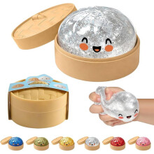 Silver 9cm Slow Rising Squishy Dumpling Anti-Stress Toy with Steamer Basket for Adults and Kids