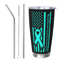 Gobelet isotherme réutilisable en acier inoxydable avec couvercle, orné d'un ruban turquoise, symbole de sensibilisation à la myasthénie grave.