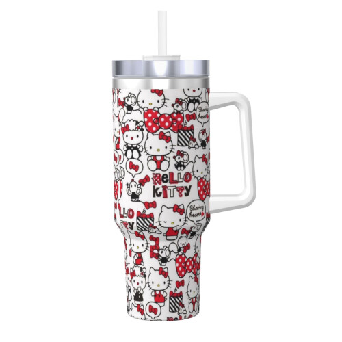 Hello Kitty Εξατομικευμένο Ποτήρι 40oz με Λαβή & Καλαμάκι - Κούπα καφέ ταξιδιού από