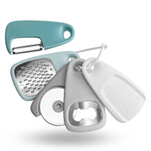 YQLAFT Multifunctional Vegetable and Fruit Grater, 5 Blades, 5 in 1, Ergonomic, with Pizza Cutter, Bottle Opener, Kitchen Accessory Set, Multicolor