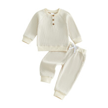 (12-18 Months, Apricot) Toddler Boy Fall Outfit Crew Neck Long Sleeve Pullover Solid Color Waffle Knit Sweatshirt and Joggers Pants Set