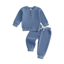 (18-24 Months, Blue) Toddler Boy Fall Outfit Crew Neck Long Sleeve Pullover Solid Color Waffle Knit Sweatshirt and Joggers Pants Set