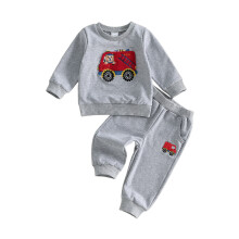 (12-18 Months, Light Grey) Baby Boy 2Pcs Fall Outfit Long Sleeve Fire Truck Embroidery Sweatshirt + Pants Set Warm Clothes