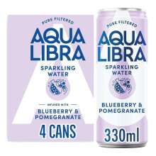 AQUA Libra Sparkling Water, Sugar Free Fruit Water, No Sugar, No Calories Blueberry & Pomegranate, 330 ml, Pack of 4 Cans