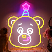 Décoration murale lumineuse néon ours d'anniversaire, 32 x 39 cm (12,6 x 15,4 pouces), cadeau ours pour enfant.