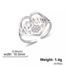 Bague en acier inoxydable ajustable avec lettre « Maman », cœur fleuri et lettre « Maman ».