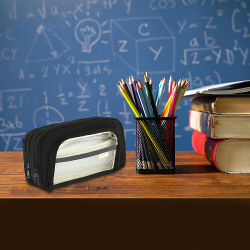 Transparent pencil bag for students, large capacity, black 2
