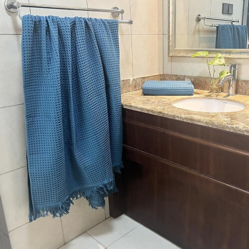 Toalhas de Banho de Algodão com Textura Waffle 35x70 polegadas Azul Celeste 2 Peças 2