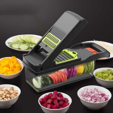 Multifunctional Vegetable Chopper, 8 Different Cuts, Stainless Steel Blades, ABS Material, Storage Container Included, 67.5x38.5x49.5cm, Green/Gray
