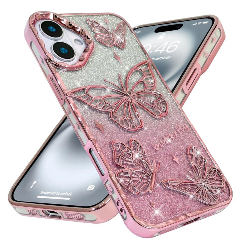 Θήκη iPhone 16 3D με γκλίτερ πεταλούδας, ροζ, 6,1 ιντσών 1