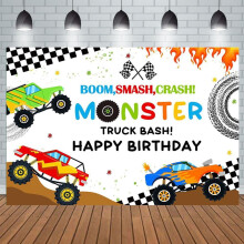 Bakgrund för lastbilsfest för pojkar, kompatibel med monstertruck- och bilteman, fotorekvisita, racing, Smash Crash-dekorationer