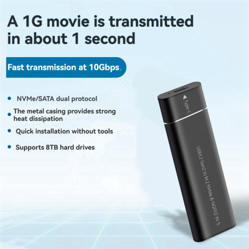 M2 SSD Case M.2 NVMe  SSD Enclosure Adapter 10Gbps Dual Protocol M.2 to USB 3.2 Type C External Hard Disk Box 1
