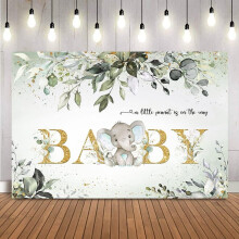 Grønn elefantbakgrunn til babyshowerfest. En liten peanøtt er på vei. Bakgrunn for fotoboks, hei, babygutt, rekvisitter for fotoshoot.