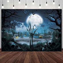 7x5ft Halloween-bakgrunn - Grønn skrekkmåne, skummel kirkegård, hodeskalle, gresskarlykt | Kompatibel med fotoseanser, dekor til barne- og
