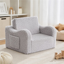 2-in-1-Schlafsofa aus Sherpa-Plüsch für Kleinkinder von 1-6 Jahren, ausklappbar, mit waschbarem Bezug und seitlichem Stauraum, Cremeweiß