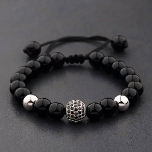 Black Lava Beaded Macrame Bracelet Silver 1