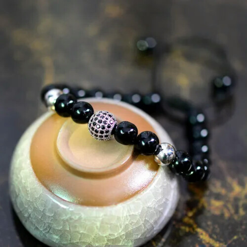 Black Lava Beaded Macrame Bracelet Silver 2
