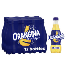 Orangina Sparkling Fruit Drink; Multipack of 12x 420ml bottles; contains a blend of citrus juices, real orange pulp and orange zest