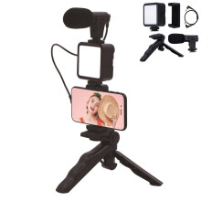 Smartphone-videokit, stativ, telefonhållare, kompatibel med iPhone/Android-telefon, stereomikrofon, LED-videolampa, vloggkit
