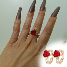 Women's Gold-Plated Zircon Heart Rings Adjustable Open