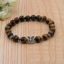 Lava stone beaded bracelet with owl charm gold silver 8mm