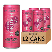 Equinox Kombucha Drink Raspberry & Elderflower Real Fruit Kombucha Flavours (12 x 250ml) | Authentic Craft Kombucha Brewed in UK with SCOBY
