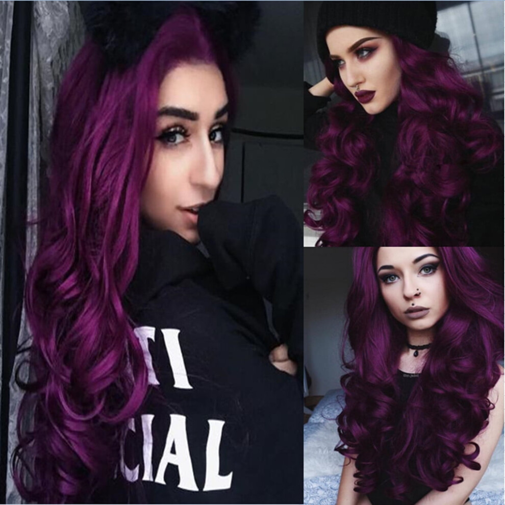 Purple curly wavy synthetic full wig for women