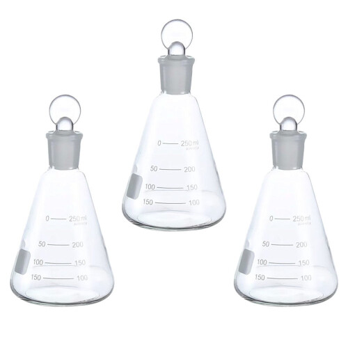 Flasc Erlenmeyer Eolaíochta, Gloine Caol, Flascáin Scagtha Céimnithe, 3 phíosa