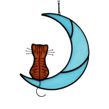 Décoration murale ou de porte en acrylique représentant un chat sur un croissant de lune. Idéale pour la décoration intérieure et les amoureux