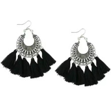 RSAMD Boho Ohrringe Silber Strukturierte Metall-Baumwoll-Fransen-Quasten Makramee Ohrringe Damenschmuck - Schwarz