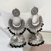 Cercei retro argintii cu clopoței RSAMD Jhumka pentru femei, cercei vintage cu ciucuri, stil boho turcesc, negri
