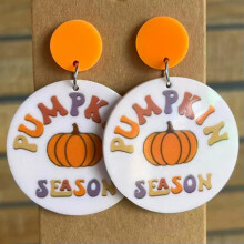 Hey Boo Bat Pumpkin Halloween Earrings Orange White Acrylic