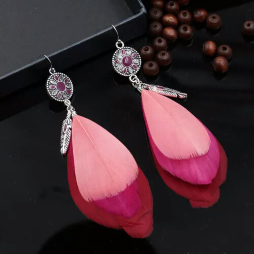Modré visací náušnice s peřím, boho šperky s střapcem, 1 pár 2