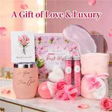 Luxury Pink Bath Gift Set for Women – Complete Spa Kit with Bath Salts, Bath Bombs, Scented Candle, Eye Mask, Cozy