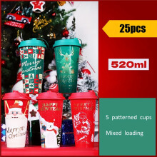 (520 ml) 25-Pack Christmas Themed Plastic Cups with Lids - Hand Wash Only, Recyclable, BPA-Free, Freezer Safe