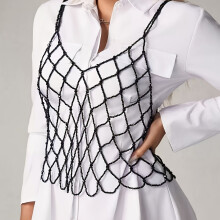 (Black) Pearl Body Chain, Hollow Sexy Fashionable Pearl Tassel High-end Chest Chain