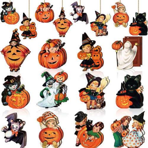 Træ Halloween ornamenter sæt Vintage 36 dele
